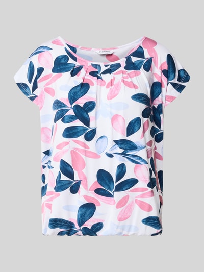 Produktfoto, Kurzarmbluse aus Viskose-Mix Modell 'Minou' von ZABAIONE, weiß mit rosa und blauen Blättermuster, lockere Passform.