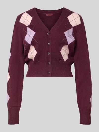Produktfoto, Regular Fit Strickjacke aus Baumwoll-Mix Modell 'GRACIE' von GUESS, Karo-Muster in Lila und Creme, Knopfleiste, Damenmode