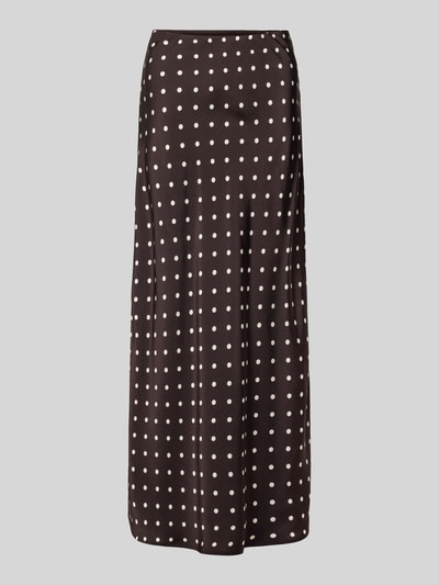 Productfoto, maxirok van satijn in all-over look model 'VISO DOT' van Neo Noir, a-lijn, zwart met witte stippen, maat 36 bandwijdte 36 cm, totale lengte 102 cm