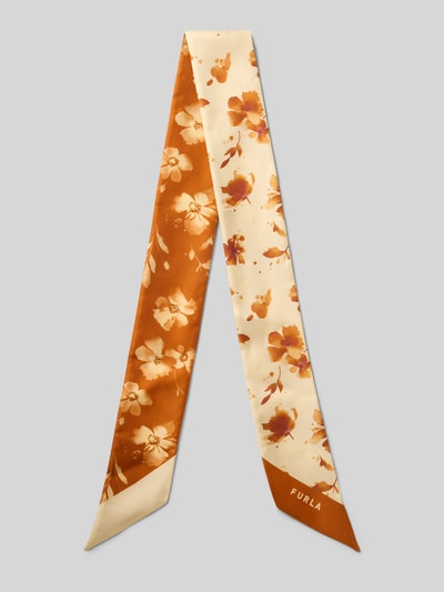 Produktfoto, Seidentuch im Allover-Look Modell 'METROPOLIS BANDEAU' von FURLA, rechteckig, florales Muster in Orange und Creme, glatte Textur
