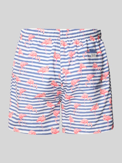 Produktfoto, Badehose im Allover-Look mit elastischem Bund von MCNEAL für Herren, Regular-Fit, Tunnelzug, Streifen und Flamingos, glatte Textur