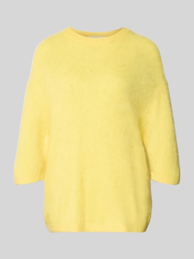 Produktfoto, Strickpullover aus Kaschmir-Baumwoll-Mix mit 3/4-Arm von HERZENS, żółty, krój regular fit, okrągły dekolt, długość tyłu 63 cm, długość rękawa 30 cm