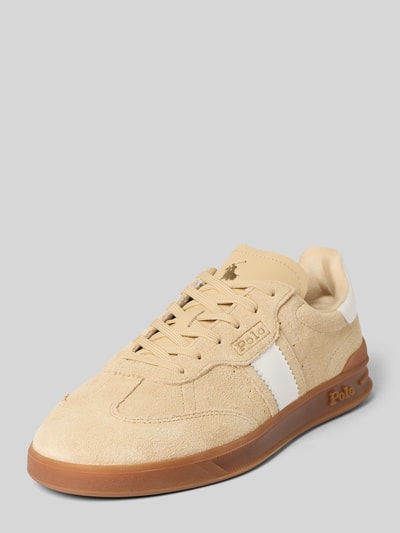 Produktfoto, Sneaker aus Leder mit Schnürung Modell 'HERITAGE AERA' von Polo Ralph Lauren, beżowy kolor, zaokrąglony nosek, detale z logo, gumowa podeszwa, wysokość obcasa w rozmiarze 40: 4 cm, wysokość cholewki w rozmiarze 40: 6 cm, szerokość w rozmiarze 40: 6 cm