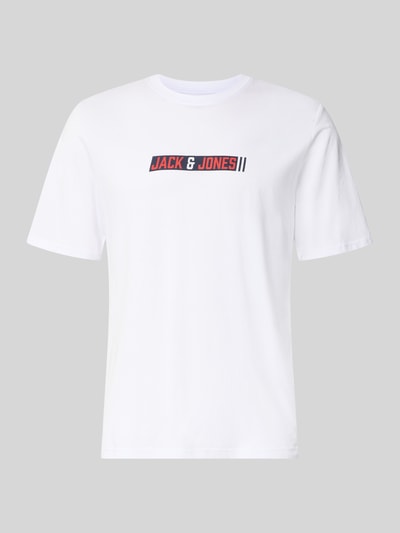 Produktfoto, weißes Herren T-Shirt aus Reine Baumwolle mit Logo-Print, Regular-Fit, Modell 'Munk' von JACK & JONES, Rückenlänge 74 cm in Größe M