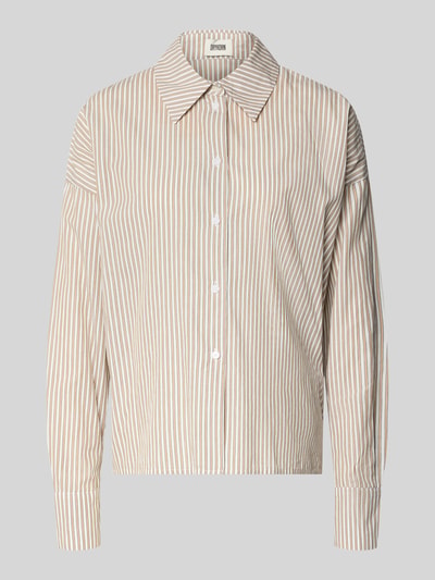 Productfoto, Relaxed Fit Blouse met verlaagde schouders model 'CLOELIA' van Drykorn, puur katoen, overhemdkraag, beige gestreept, 65 cm ruglengte, 52 cm mouwlengte, damesblouse.