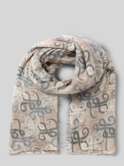 Produktfoto, Schal aus reinem Kaschmir von Hemisphere, rechteckig, semitransparent, ausgefranste Abschlüsse, Beige mit grauen und blauen Ornamenten, Breite 41 cm.