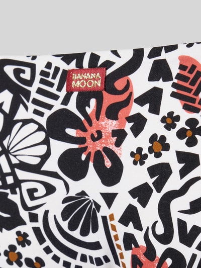 Produktfoto, Slim Fit Bikini-Hose mit floralem Allover-Print Modell 'Jaka' von Banana Moon, elastischer Material-Mix, Weiß mit schwarzen und roten Mustern, Stofftextur sichtbar