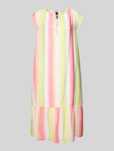 Produktfoto, Midikleid mit Schlüsselloch-Ausschnitt und Volantsaum von Marc Cain im Viskose-Mix und Loose-Fit, sanfte Farbverläufe, Rückenlänge 117 cm, Brustweite 57 cm bei Größe 36.