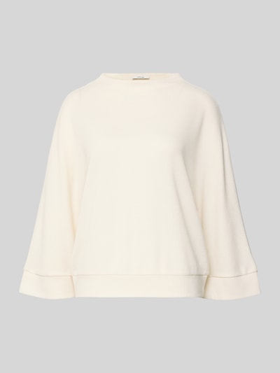 Produktfoto, shirt met lange mouwen met 3/4-mouwen en opstaande kraag, materiaalmix met viscose, los model, ribboorden, model 'Sagida' van Opus, dames, ruglengte bij maat 36: 60 cm, kleur gebroken wit, fijne structuur.