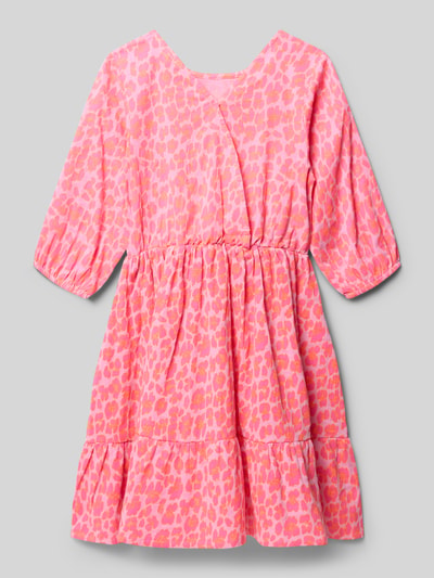Produktfoto, Kleid im Stufen-Look mit Rundhalsausschnitt von DANAMADE, kinder, Reine Baumwolle, A-Linie, rosa mit orangen Muster, weiche Textur