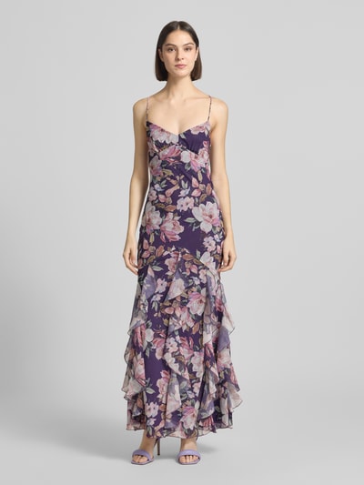 Frauenmodel trägt Slim Fit Abendkleid mit Rüschenbesatz von ADLYSH, floraler Allover-Print, Schnürverschluss, Spaghettiträger, Ganzkörperansicht von vorne.