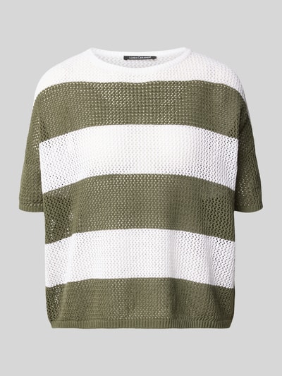 Produktfoto, Strickshirt aus Leinen-Mix mit Rundhalsausschnitt von Luisa Cerano, Damen, Relaxed-Fit, 1/2-Arm, Leinen-Baumwoll-Anteil, grün-weiß gestreift, grobmaschige Struktur, Länge 50 cm, Ärmellänge 13 cm.