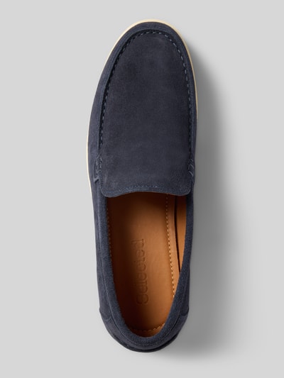 Produktfoto, Loafer aus echtem Leder Modell 'OWEN' von SELECTED HOMME in Dunkelblau, Optik: Unifarben, Schuhspitze: abgerundet, Absatzform: flach, Verschluss: Schlupf/offen, strukturierte Sohle, Materialverarbeitung: Veloursleder, Material: echtes Leder
