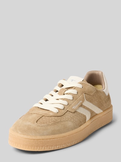 Tamaris Low-top sneakers van mix van rundleer en textiel Taupe - 1