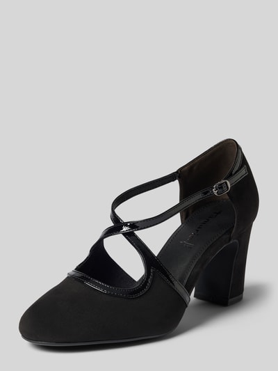 Productfoto, zwarte pumps in leerlook met glanzende details, stevige hak, Pumps in Leder-Optik van Tamaris, Dames
