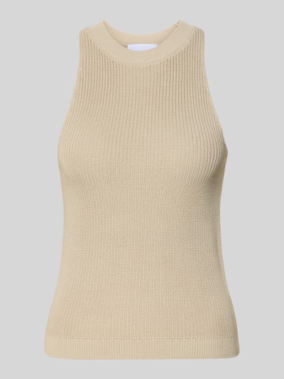 Produktfoto, beigefarbenes Stricktop mit Rundhalsausschnitt von Style Icon Collection aus Baumwoll-Viskose-Mix, Slim Fit, strukturierte Oberfläche.