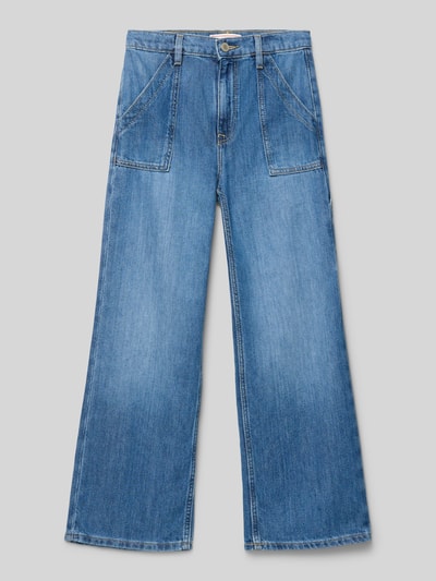 Produktfoto, Jeans mit Eingrifftaschen von Guess aus Baumwoll-Lyocell-Mix, gerade Form, mittelblaue Waschung, sichtbare Eingriff- und Gesäßtaschen.