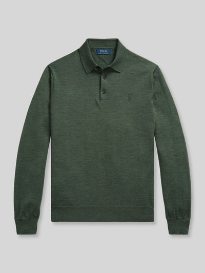 Produktfoto, Regular Fit Pullover aus reiner Wolle von Polo Ralph Lauren in dunklem Grün, feine Strickstruktur, deutliche Knopfleiste.