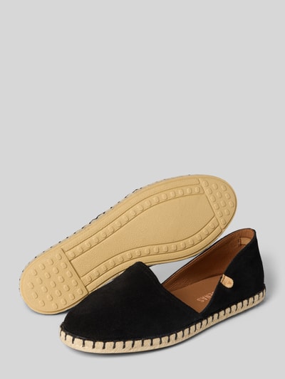 Produktfoto, Espadrilles aus Leder mit Label-Patch Modell 'CARMEN' von Verbenas, schwarze Farbe, strukturierte beige Sohle, abgerundete Form, Schafthöhe 7 cm, Schaftweite 5 cm, Absatzhöhe 2 cm, schlichte Textur