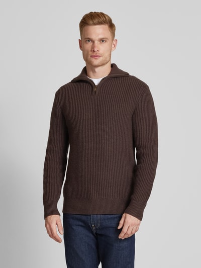 SELECTED HOMME Sweter z dzianiny z prążkowanymi wykończeniami model ‘LAND’ Ciemnobrązowy 4