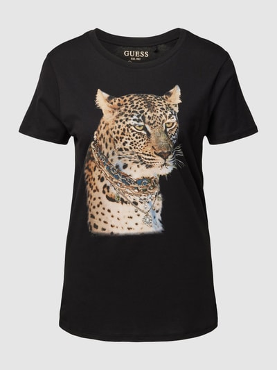 Guess T-shirt z nadrukiem z motywem i obszyciem kamieniami stras Czarny 2