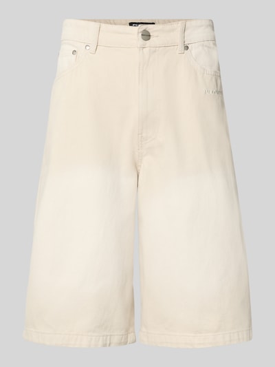 Produktfoto, Straight Fit Shorts in Denim-Optik Modell 'Kolar' von PEGADOR, Beige, Reine Baumwolle, 5-Pocket-Design, Knopf- und Reißverschluss, glatte Textur, Bundweite 43 cm, Innenbeinlänge 33 cm