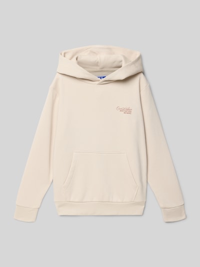 Productfoto, Hoodie met capuchon model 'ROAR' van Jack & Jones, beige kleur, katoenmengsel, losse pasvorm, labelprint, kangoeroezak, geribde boorden.