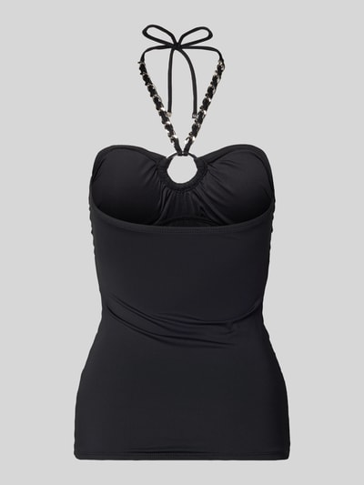 Produktfoto, Tankini-Oberteil mit Neckholder in Gliederketten-Optik von Michael Kors, schwarzer Material-Mix mit Stretch, Bandeau Fit, rückseitige Schnürung, glatte Struktur.