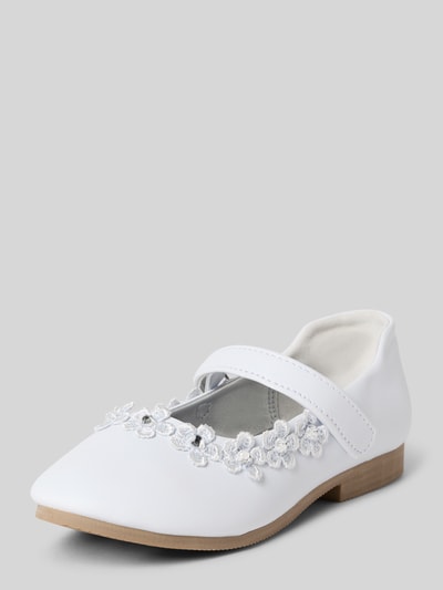 Produktfoto, Ballerina mit Zierbesatz von Happy Girls, kinder, spitze Form, Klettverschluss, strukturierte Sohle, Absatzhöhe 1 cm, Schafthöhe 3 cm, Schaftweite 5 cm, weiß mit floralen Details
