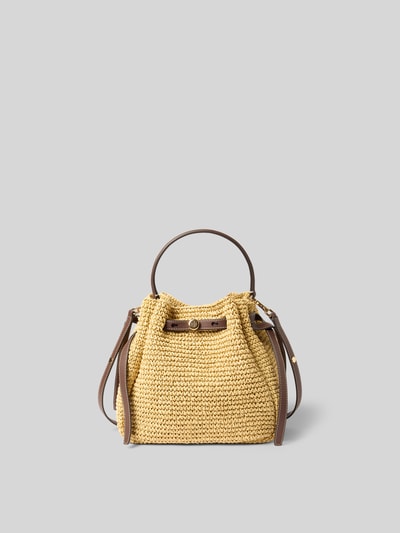 Produktfoto, Bucket Bag aus Bast von Tory Burch, beżowy kolor, brązowy pasek, struktura plecionki, Szerokość w rozmiarze 1: 26 cm, długość 23 cm, głębokość 11 cm, kieszeń wewnętrzna, regulowany pasek, zapięcie na sznurek