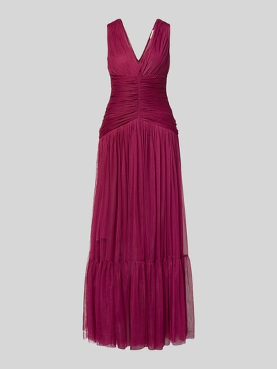 Produktfoto, Maxikleid aus Mesh mit V-Ausschnitt von LACE & BEADS, kolor bordowy, marszczenia, długa spódnica A-linia, długość tyłu w rozmiarze S: 150 cm, szerokość w rozmiarze S: 40 cm, tekstura siateczki