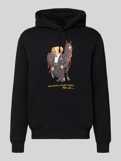 Produktfoto, Hoodie mit Label-Print van Polo Ralph Lauren in zwart katoenmix, los model, capuchon met tunnelkoord en ribboorden.
