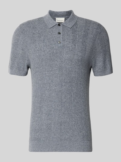 Produktfoto, Slim Fit Poloshirt mit Knopfleiste von Profuomo, bawełniano-lniana mieszanka, krój slim fit, wzór strukturalny, długość pleców w rozmiarze M: 70 cm, kolor szary, krótkie rękawy, kołnierzyk, jednolita faktura