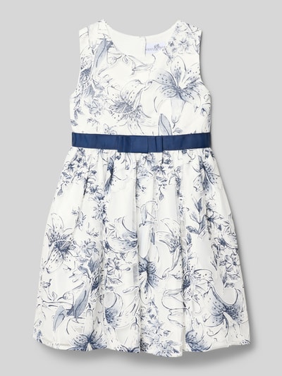 Produktfoto, Regular Fit Kleid mit floralem Allover-Print von Happy Girls, weiß-blauer Baumwoll-Mix, Zierschleife, ärmellos, Rundhalsausschnitt, Knopfleiste