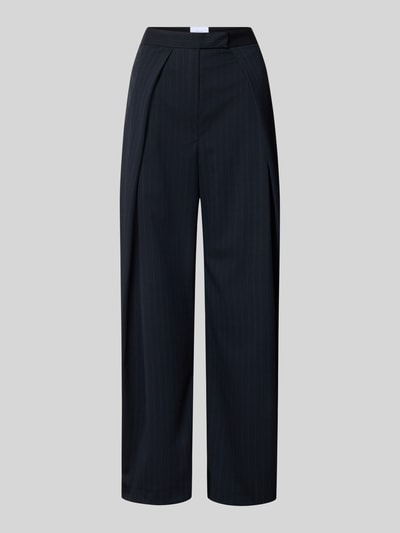 Produktfoto, donkerblauwe stoffen broek met fijne krijtstrepen, relaxed fit, Steekzakken, Stolpplooi, elastische materiaalmix met viscose, Bandwijdte maat 36: 36 cm, Binnenbeenlengte maat 36: 78 cm, Fließende Hose mit weitem Bein van Style Icon Collection