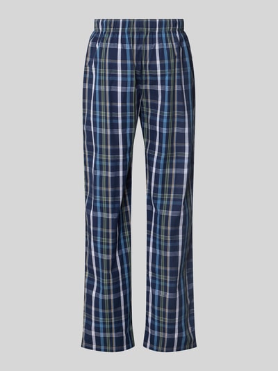 Produktfoto, Pyjama-Hose aus reiner Baumwolle von Christian Berg Men, kariertes Muster in Blau und Grün, elastischer Bund mit Tunnelzug und Knopfverschluss, Label-Patch, gerade Passform