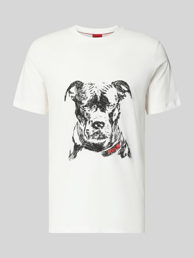 Produktfoto, Regular Fit T-Shirt aus reiner Baumwolle Modell 'DUBROX' von HUGO in Weiß mit Motiv-Print und Label-Schriftzug, feine Jersey-Struktur
