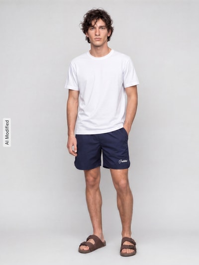 Männermodel trägt Badehose mit Label-Stitching und elastischem Bund von PROHIBITED in Dunkelblau, Regular Fit, Ganzkörperansicht von vorne.