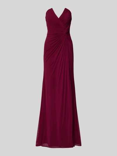 Produktfoto, Regular Fit Abendkleid mit Gehschlitz von Mascara in Bordeaux mit Raffungen, schulterfreiem Mesh, Nahtreißverschluss, blickdichtes Unterkleid, lange fließende Form