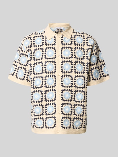 Productfoto, Strickshirt mit Polokragen und Knopfleiste van REVIEW, beige-blau ruitpatroon, katoenmix, regular fit, textuur met knoopsluiting