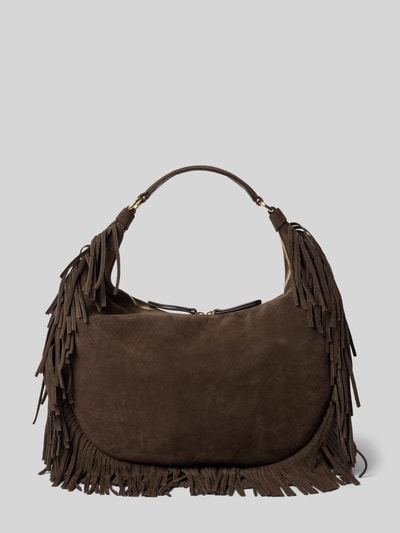 Produktfoto, Handtasche aus Leder mit Fransen Modell 'NANA' von Abro, dunkelbraun, echtes Leder, Fransen, Label-Detail, Reißverschluss, Tragehenkel, Schulterriemen, Maße 34x36x4 cm, Hauptfach