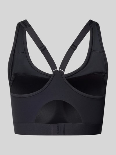 Productfoto, zwart bustier met logo en racerbackdesign, nauwsluitend model, materiaalmix met stretch, dames bustier met logo van New Balance