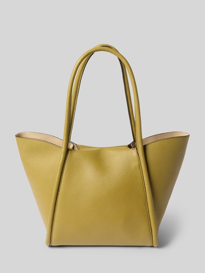 Produktfoto, Tote Bag aus echtem Leder Modell 'Willow' von Abro, naturalna skóra, detal z logo, szerokość w rozmiarze 1: 43 cm, długość 25 cm, głębokość 16 cm, długość paska na ramię 55 cm, kolor oliwkowy, wyjmowana kieszeń zapinana na zamek błyskawiczny, główna przegroda z zapięciem na magnes, delikatna tekstura