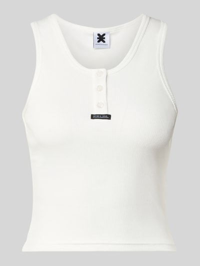 Produktfoto, Slim Fit Top aus Baumwolle-Mix mit Logo-Print von DEICHMANN, kolor biały, faktura prążkowana, Listwa guzikowa, długość tyłu w rozmiarze S: 44 cm