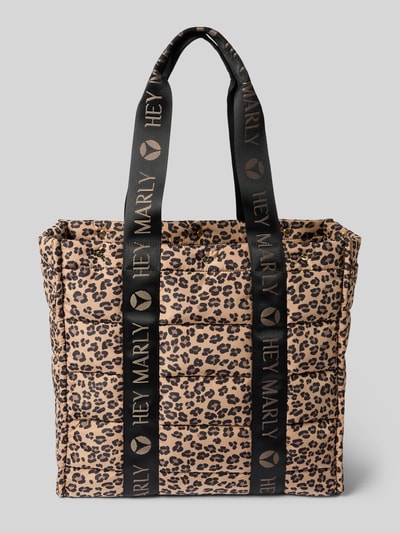 Produktfoto, Shopper mit Reißverschluss Modell 'Best Buddy' von Hey Marly mit Allover-Leo-Print, Label-Details, breite Schulterriemen, sand-schwarze Farben, strukturierte Oberfläche, Größe 41x37x18 cm, Länge Schulterriemen 64 cm