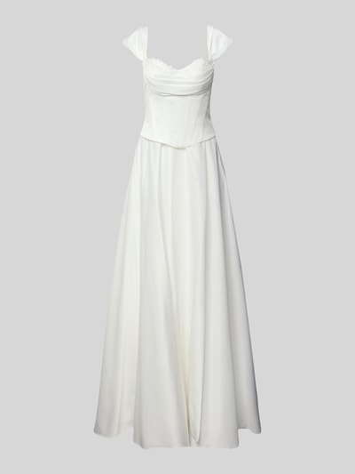 Produktfoto, Abendkleid aus Satin mit Drapierungen von LUXUAR FASHION, A-Linie, Maxikleid, Spitze, cremeweiß, glatte Textur, eleganter Look.