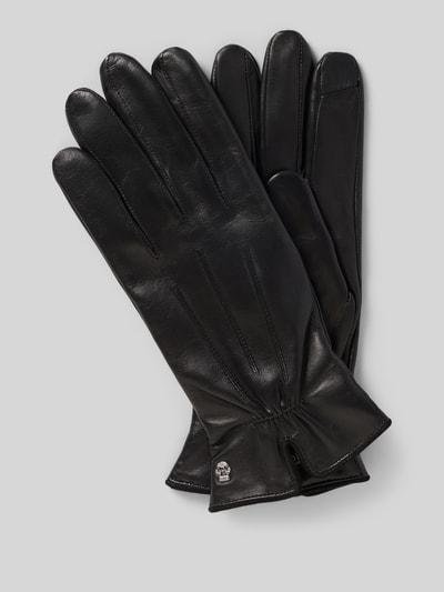 Produktfoto, schwarze Handschuhe aus echtem Leder Modell 'Antwerpen' von Roeckl mit Raffungen, Logo-Detail und Touch-Funktion, glatte Oberfläche