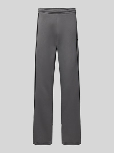 Produktfoto, Sweatpants mit elastischem Bund und Logo von REVIEW aus Reine Baumwolle im Relaxed-Fit, Herren, Innenbeinlänge 78 cm, einfarbiges Grau, glatte Textur, gerade Beinform.