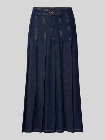 Produktfoto, Ausgestellter Jeansrock aus reiner Baumwolle Modell 'OVALE' von Weekend Max Mara, bawełniany denim, szwy w kontrastowym kolorze, długość midi, rozkloszowany fason, naszywka z logo, szlufki na pasek, zakładki, zapięcie na guzik i ukryty zamek.