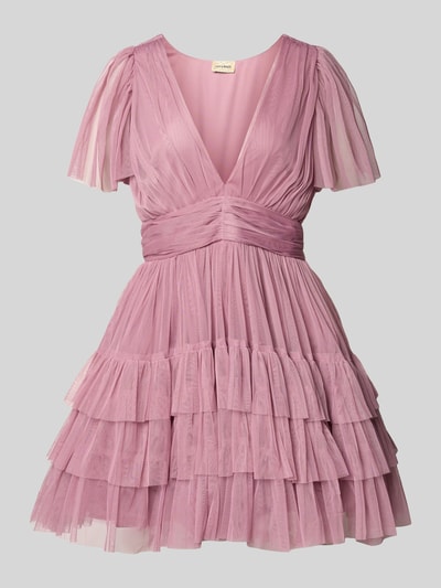 Produktfoto, Cocktailkleid mit tiefem V-Ausschnitt von LACE & BEADS, różowy tiul, linia A, minikleid, pasek w talii, falbany, długość tyłu w rozmiarze S 84 cm, szerokość w rozmiarze S 35 cm, długość rękawa w rozmiarze S 22 cm